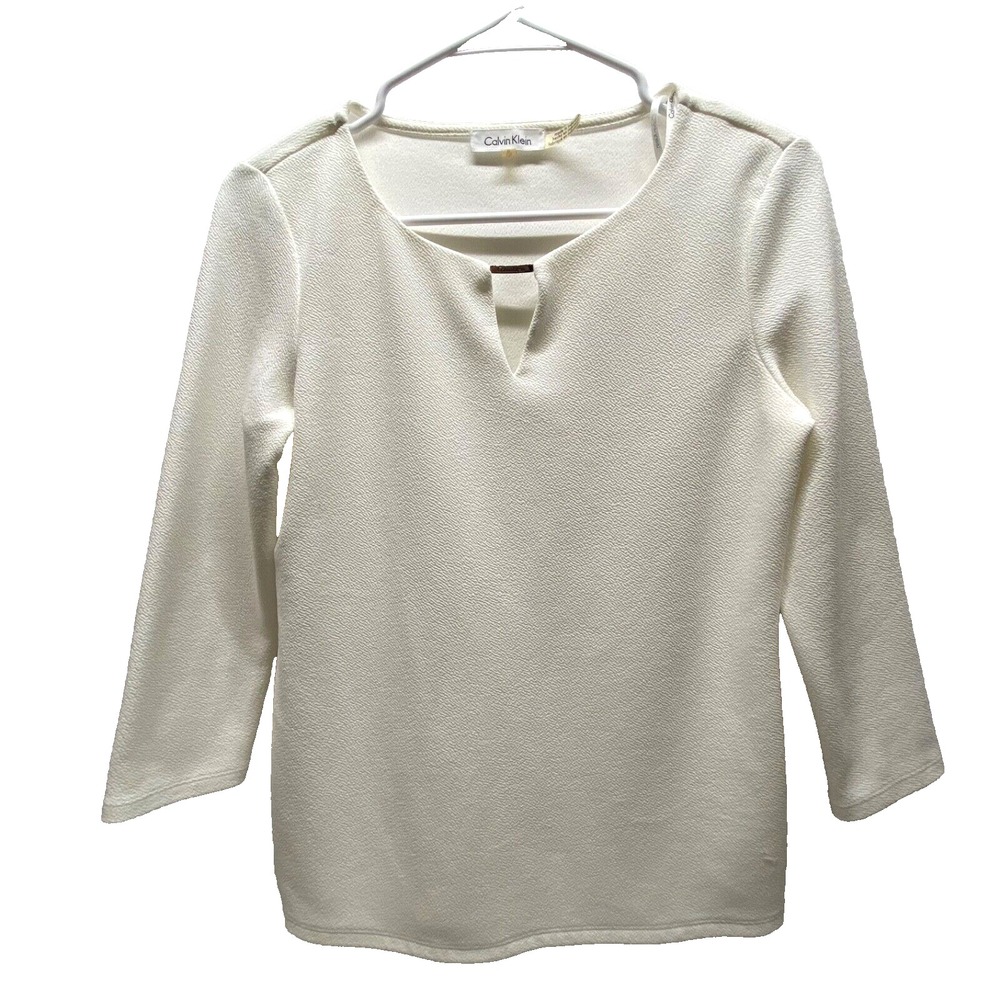 Calvin Klein Blouse Women's Small Ivory Chrome 3/4 Sleeve Stretch Career Casual